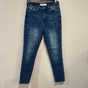 Kancan High Rise Leopard Skinny Jeans Women’s Size 5/26 Faded Stretch Denim Fray